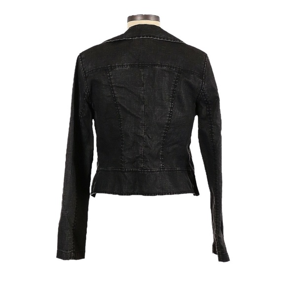 Cabi Moto Jacket M Charcoal Gray Waxed 100% Linen Ruffle Lapel Fitted Blazer - Picture 2 of 10